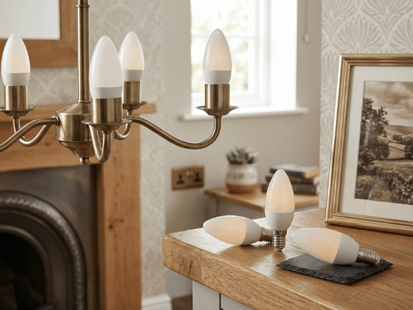 a close up photo of LED bulbs being changed in a brass ceiling light