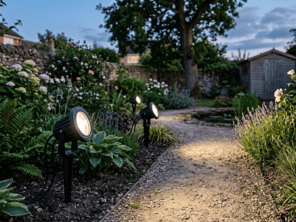 Black LED Spike lights in a garden border illuminating a gravel path and surrounding flowers