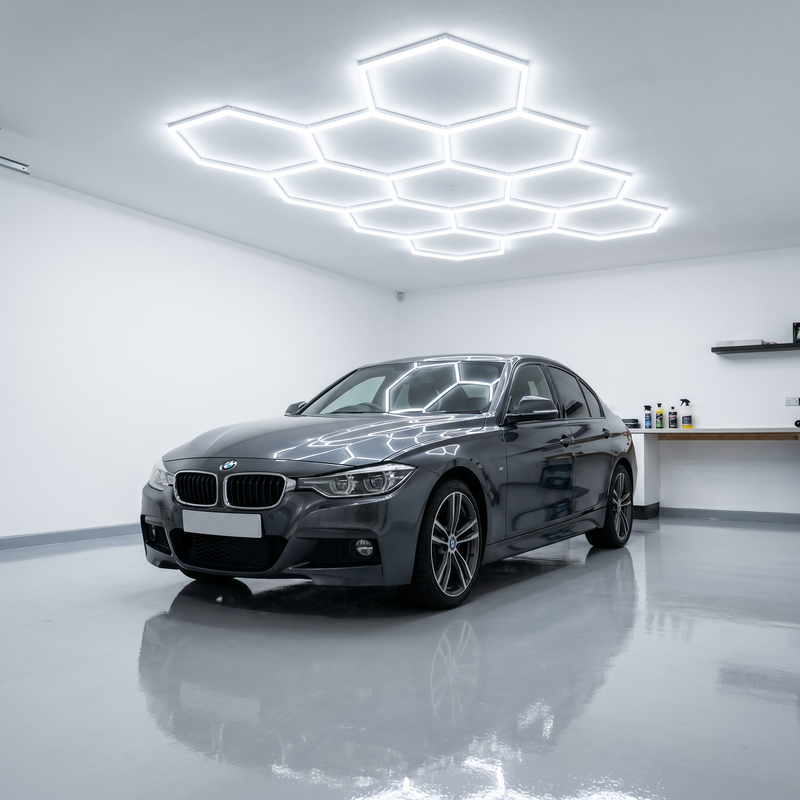 Cool white hexagon LED light kit with a white body finish
