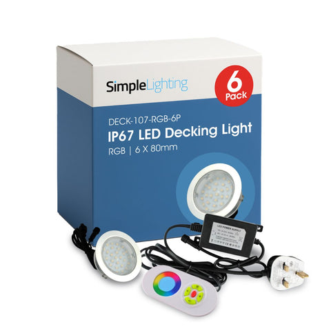 Pack of 6 RGB 80mm LED Decking Lights – IP67, Colour Changing, 12V, with Driver and Controller