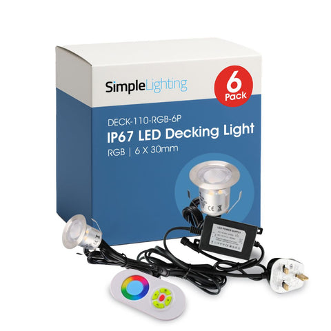 Pack of 6 RGB 30mm LED Decking Lights Kit – IP67, 12V, Colour Changing, with Driver and Controller