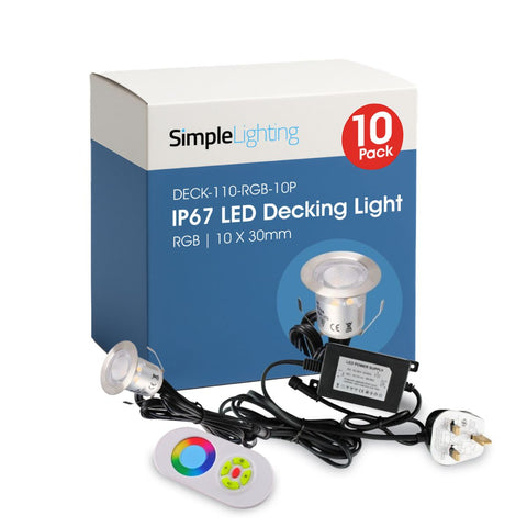 Pack of 10 RGB 30mm LED Decking Lights – IP67, 12V, Colour Changing, with Driver and Controller