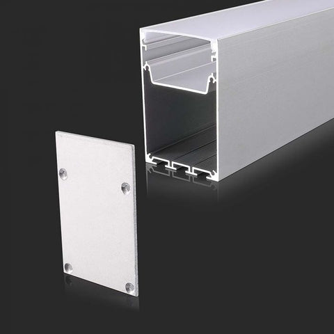 A close-up shot of an LED profile with a separate cover to the side, black background.