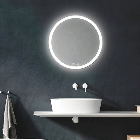 Full shot of a round bathroom mirror with LED lights around the edge
