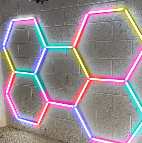 24 LED tube lights in a hexagon design with RGB LED colour mounted on the wall