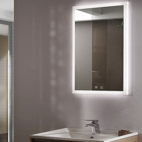 Full shot of a bathroom mirror with a diffused LED light around its edge