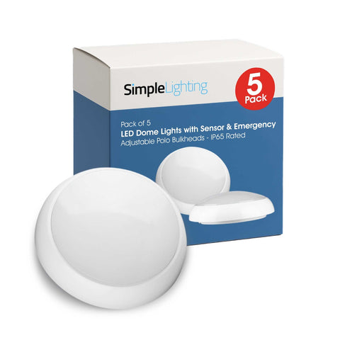 Pack of 5 LED Dome Lights with Sensor & Emergency – Adjustable Polo Bulkheads – IP65 Rated