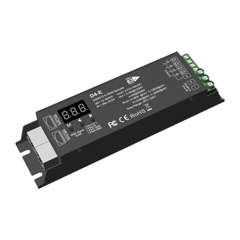 Simple Lighting - DMX Decoder - Decoder facing up with visible digital screen, connection details, and compliance proof