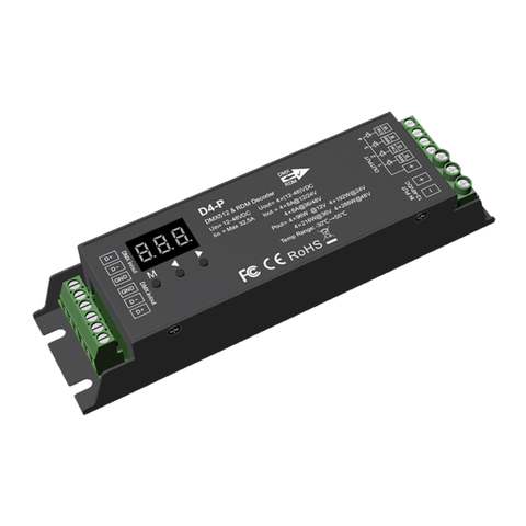 Simple Lighting - DMX Decoder - A decoder with a green terminal DMX signal port on a white background.