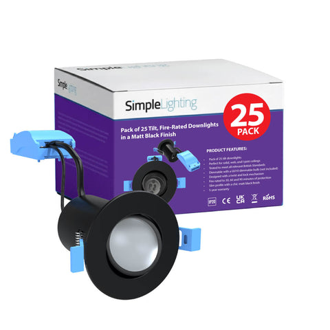 Pack of 25 Tilt, Fire-Rated Downlights in a Matt Black Finish