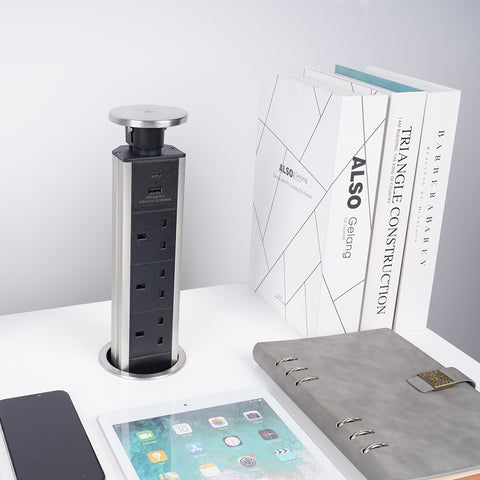 SL - Stainless Steel Pop Up Plug Socket With USB Charging & 3 x UK Plug Sockets - Full Shot