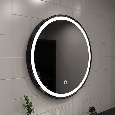 Black LED bathroom mirror right facing shot in natural white light
