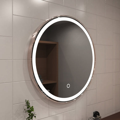 Rose gold LED bathroom mirror facing right shot in natural white light