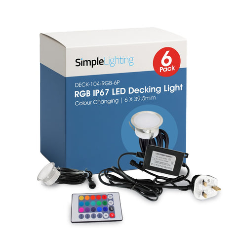 Pack of 6 39.5mm, RGB IP67 LED Decking Light - Colour Changing with Eco controller