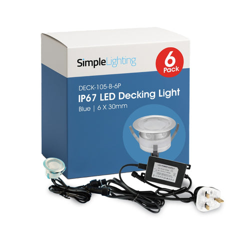 Pack of 6 30mm, IP67 LED Decking Light Blue - close up