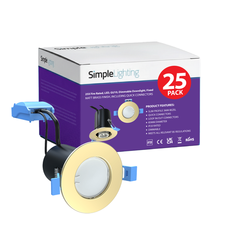 Pack of 25 Matt Brass Fire Rated GU10 Dimmable Downlights