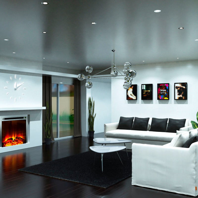 living room with mounted brushed chrome downlights