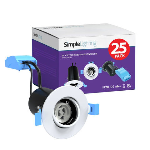 A 25-pack box of adjustable downlights with one unit in front, showcasing the white bezel and lamp holder.