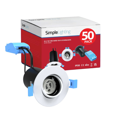 A red 50-pack box with a single adjustable downlight upfront, showcasing its white bezel, tilt gimbal, and GU10 lamp holder.