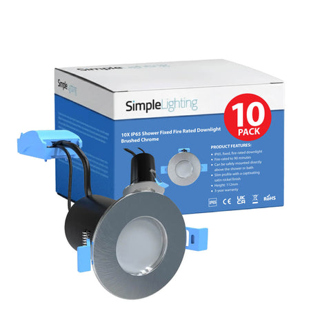 10 X IP65 Shower Fire Rated Fixed Downlights in a Brushed Chrome Finish
