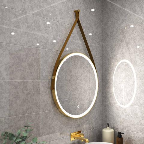 brushed titanium gold LED bathroom mirror in natural white light mounted above the sink