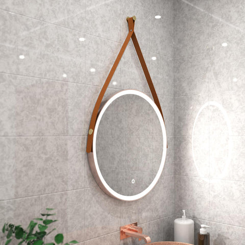 brushed rose gold bathroom LED mirror in natural white light, mounted above the sink