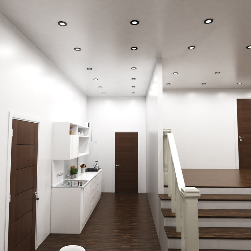 hallway with mounted black fire-rated downlights