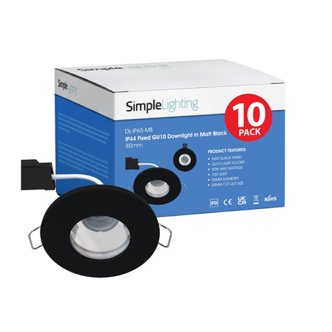 Pack of Ten IP44 Fixed GU10 Downlight in Matt Black - 85mm