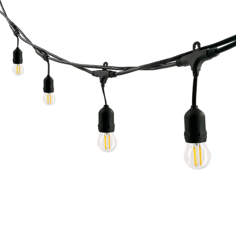 A festoon string light with four filament-style LED lamps hanging from the wires, white background.