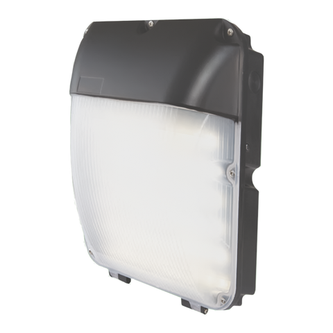 A wall pack with a black base and a frosted prismatic lens cover on a white background.