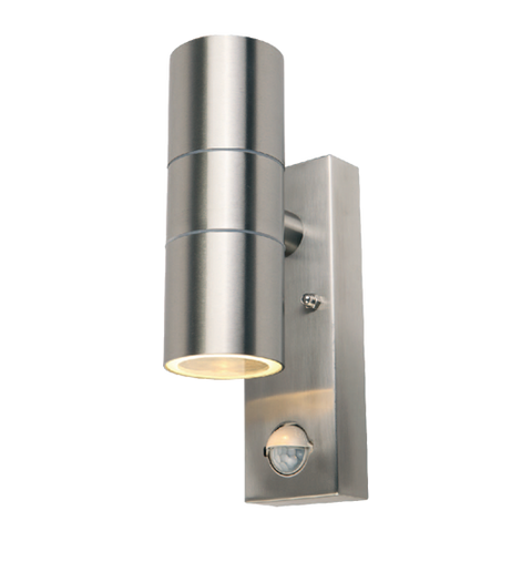 An image of a stainless steel wall light with a warm glow at the bottom on a white background.