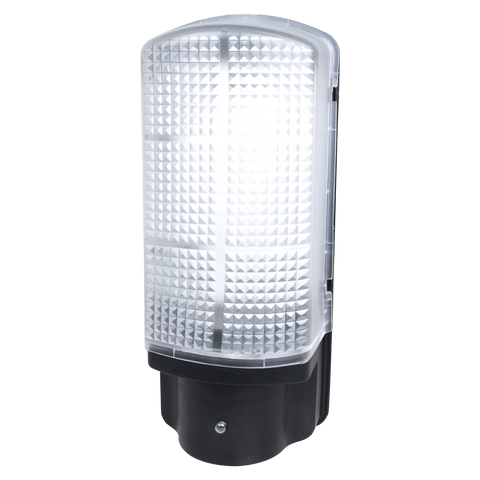 A bulkhead light with a black base and a prismatic glass front on a white background.