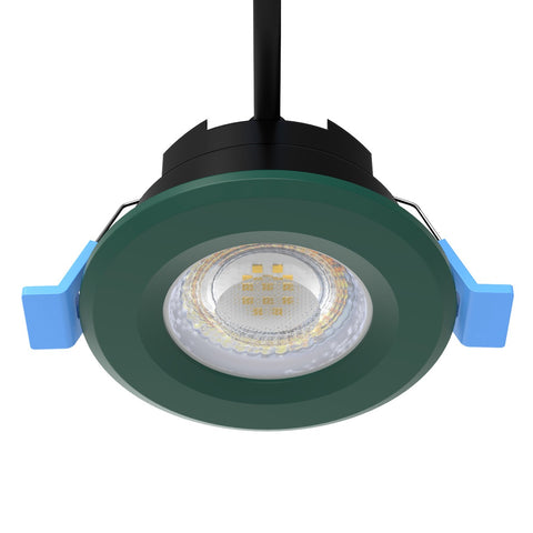 close up of a green fire-rated LED downlight