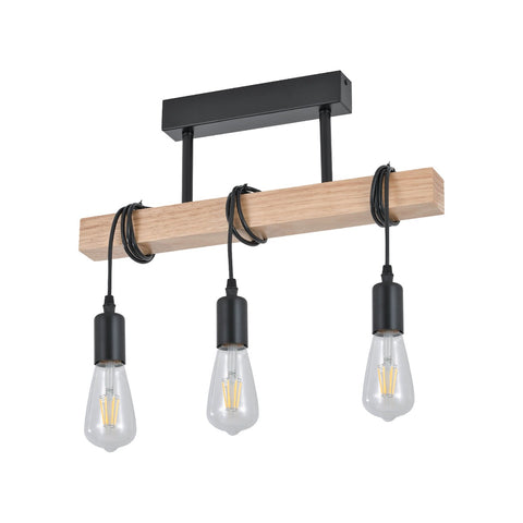 Ceiling Pendant with Exposed Bulbs Wrapped Around a Wood Plank