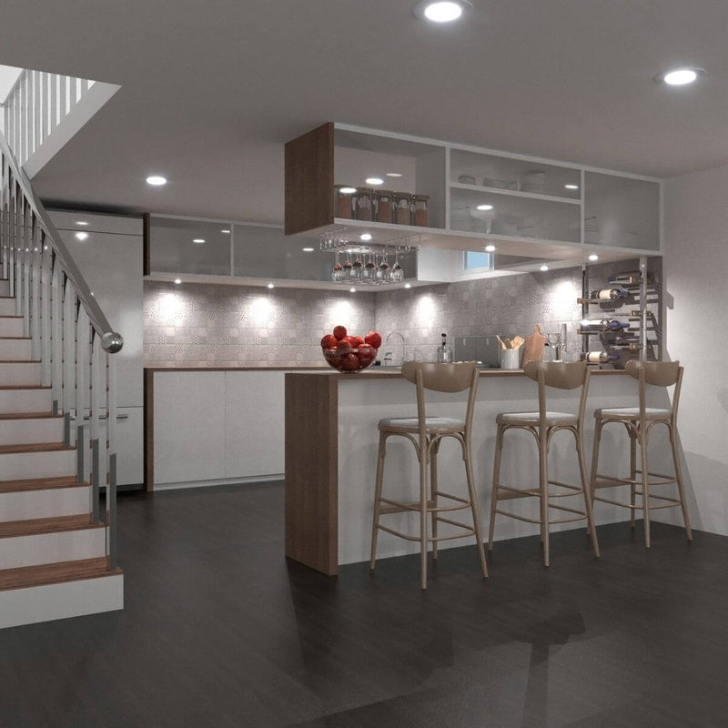Kitchen demo of cool white round, surface mounted LED Lights