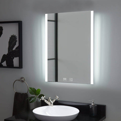 Full shot of a bathroom mirror with LED strips on the left and right edge