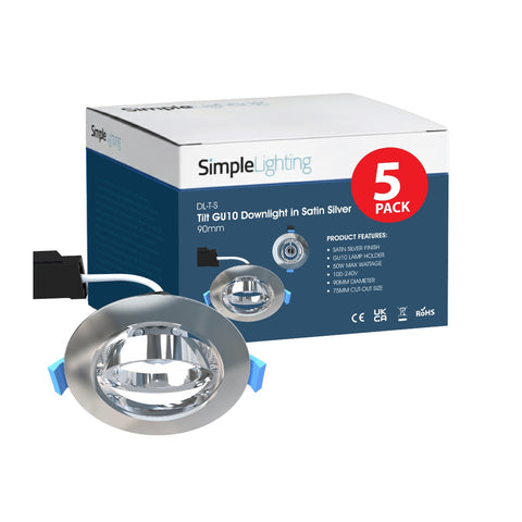 Pack of 5 Tilt LED Downlights, Satin Silver