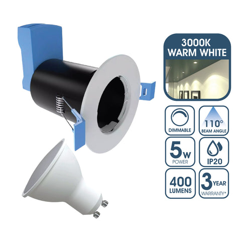Fire Rated Downlight, GU10, Fixed - White Finish With a 5w Dimmable Warm White GU10 Bulb
