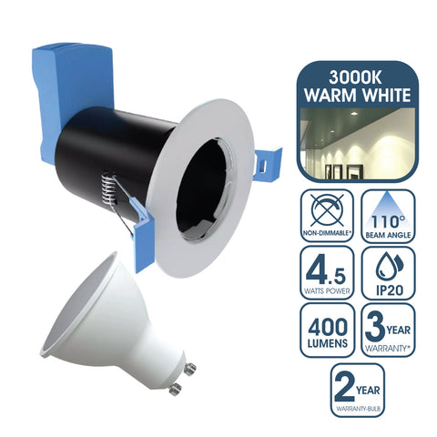 white fire-rated downlight with warm white bulb