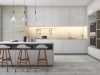 modern kitchen with three pendant lights and white cabinets