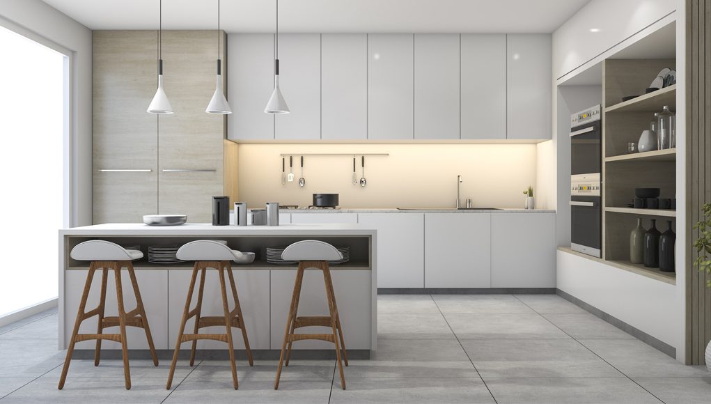 modern kitchen with three pendant lights and white cabinets