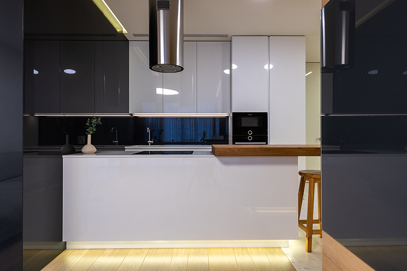 kitchen with black walls and wood floors