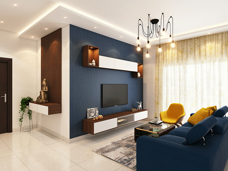 living room with blue accents