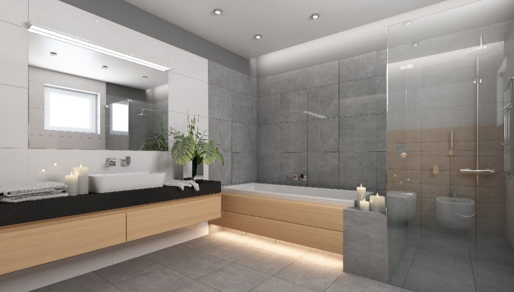 Image of a bathroom with wooden cabinets and led downlights and strip lights