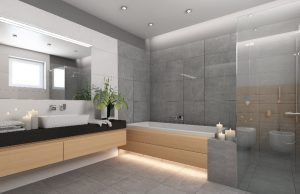 Image of a bathroom with wooden cabinets and led downlights and strip lights