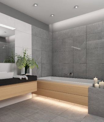 Image of a bathroom with wooden cabinets and led downlights and strip lights