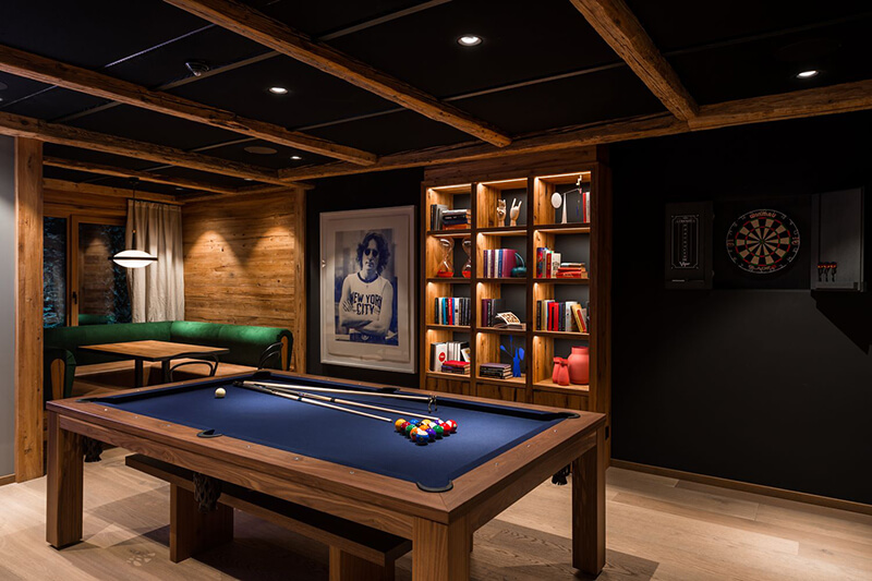 Pool Table and LED Lit book cases in Man Cave