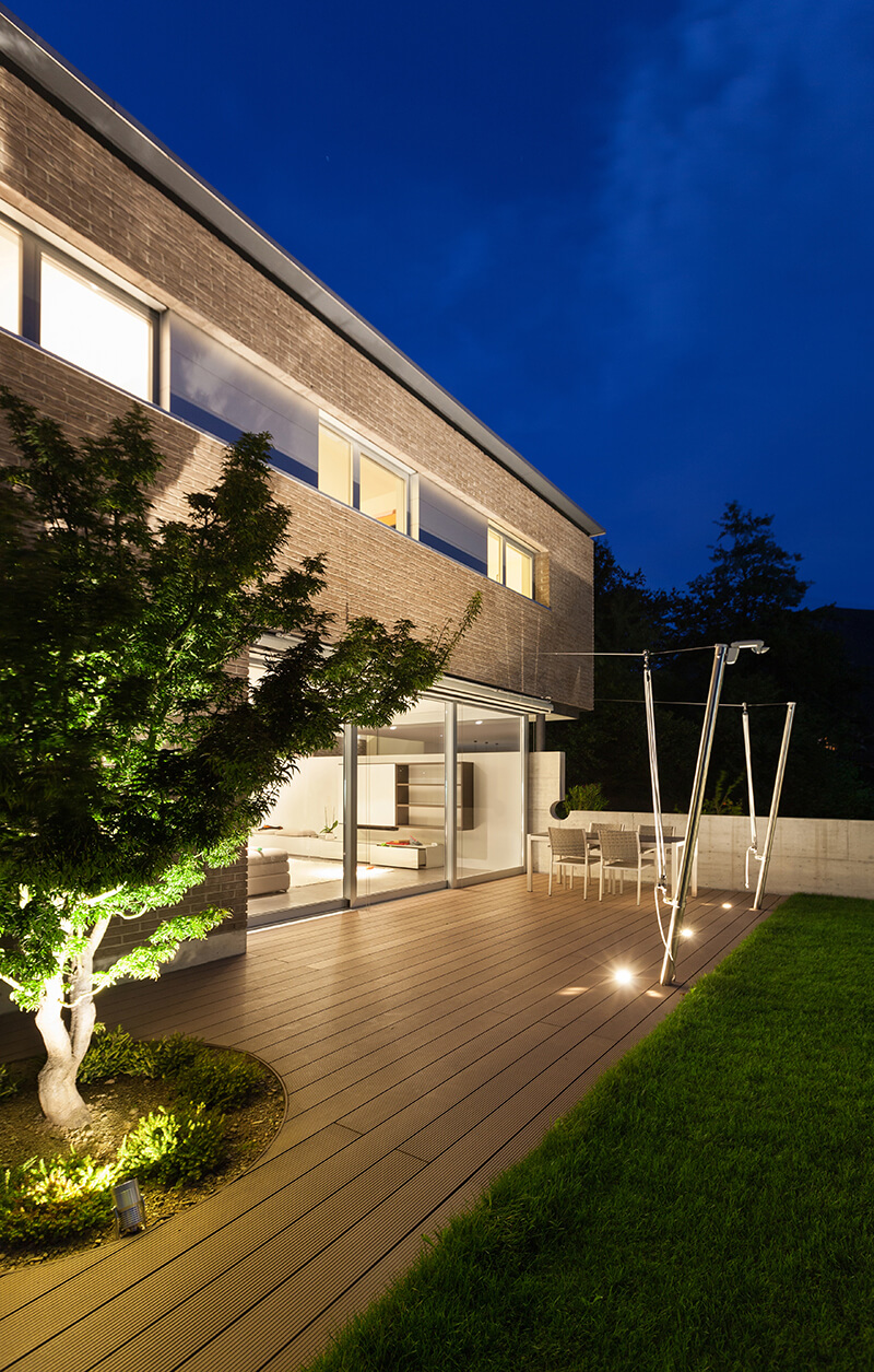 Home deck with bright lighting