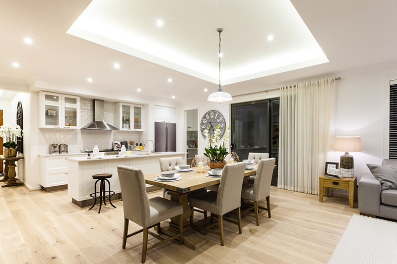 dining room with white lights