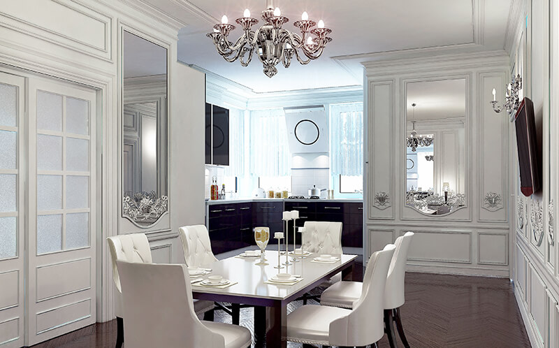 White dining room with bright lights